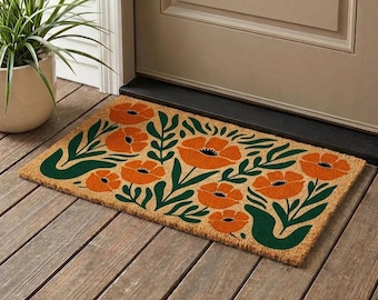 Retro Poppy Coir Doormat, Boho Floral Welcome Mat