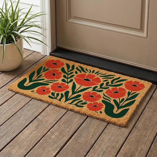 Retro Poppy Coir Doormat, Boho Floral Welcome Mat
