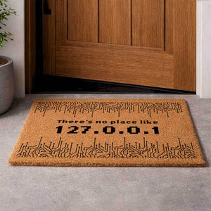 A door mat with a message printed on it, placed on a concrete floor next to a wooden door.