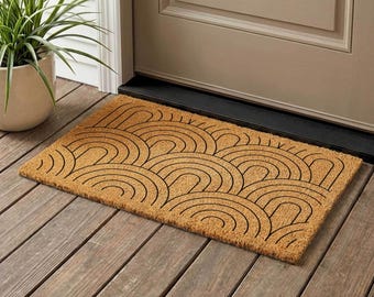 Mid-Century Modern Coir Doormat, Geometric Circle Pattern, Entryway Rug
