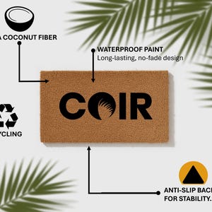 The image is a detailed diagram that illustrates the features of a product, specifically a coconut fiber and a waterproof paint. It includes icons representing recycling, anti-slip backing, and a palm tree. The diagram provides a clear visual representation of the product's characteristics and benefits.