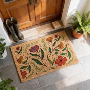 Floral Coir Doormat, Vintage Spring Flowers, Housewarming Gift