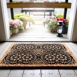 Moroccan Style, Mid-Century Boho Doormat, Geometric Arch Pattern, Natural Coir Welcome Mat