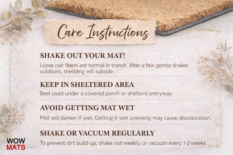 care instructions for a mat, including steps to follow for proper care and maintenance.