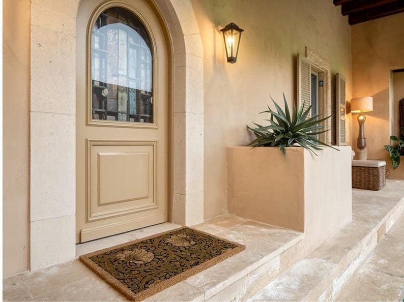 a beige door with a window, a small planter with a plant, and a decorative rug on the front step of a building.
