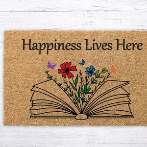 Custom Welcome Mat, Custom Reading Mat, Floral Book Mat, Personalized doormat, Make your own mat, Your Name Here, Housewarming Book Flower