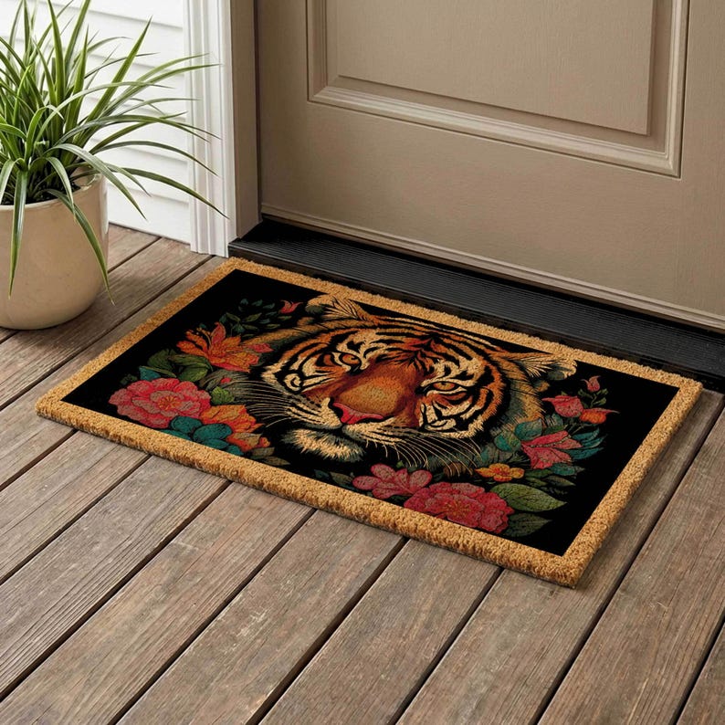 Floral Tiger Coir Doormat, Colorful Wildflower Design, Durable Mat zdjęcie 1