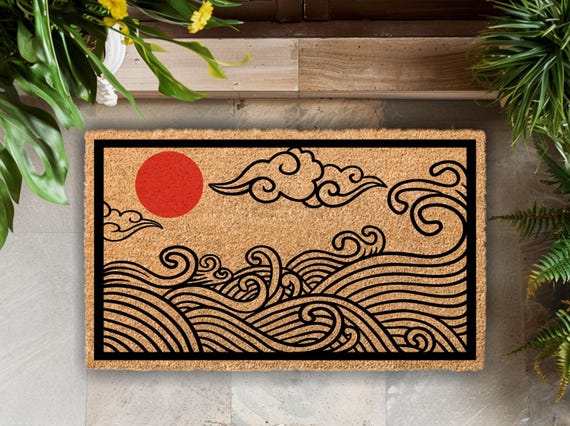 Welcome 板　手彫り　アジアン Japanese Wave Coir Doormat | Hokusai Inspired Entryway Rug - Etsy