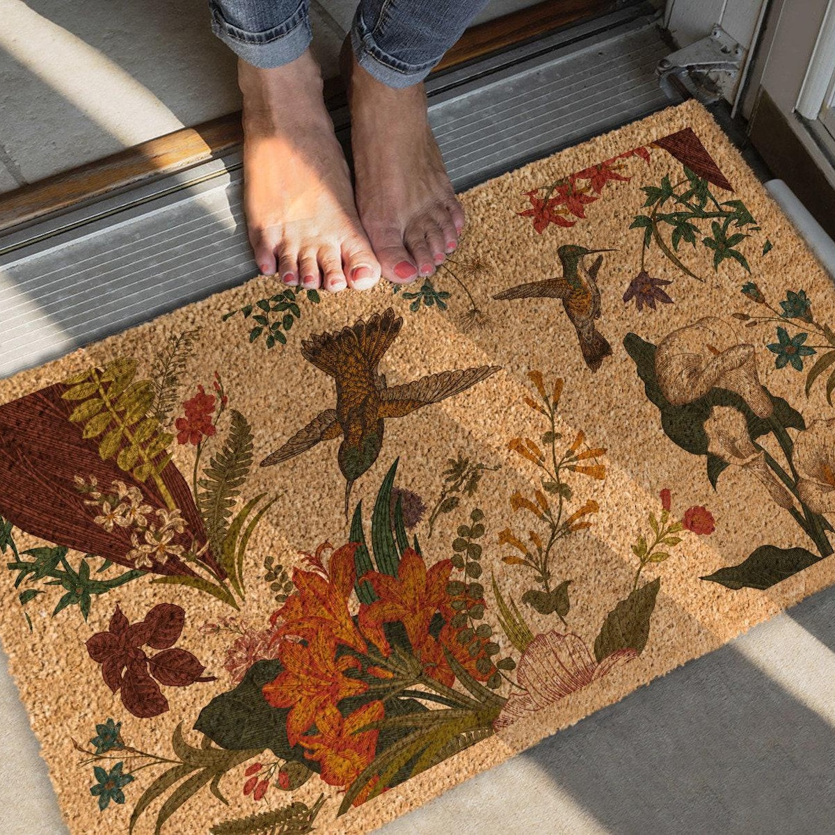 Hummingbird Coir Doormat: Floral Welcome Mat for Front Door - Etsy