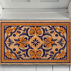 Mediterranean Coir Doormat, Traditional Floral Welcome Mat