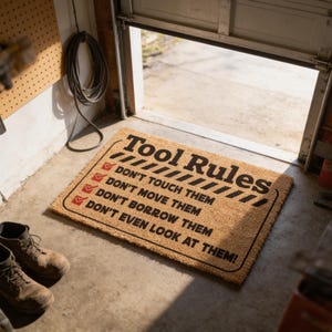 Funny Tool Rules, Workshop Garage Doormat | Natural Coir | Anti Slip Backing | 16X24 18X30 24X36
