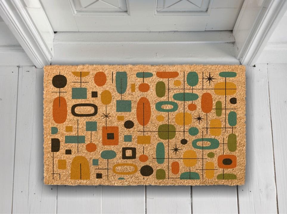 Mid-Century Modern Geometric Pattern, Retro Abstract Decor, 70s Style Welcome Mat, MCM Front Door Decor, Vintage Style Colorful Home Gift
