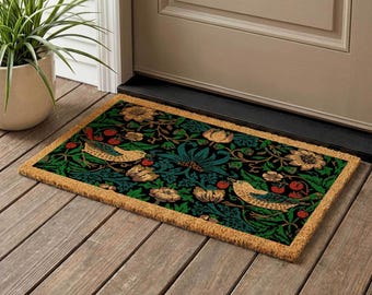 Vintage Floral Bird Coir Doormat, Botanical Garden Decor, Bohemian Welcome Mat