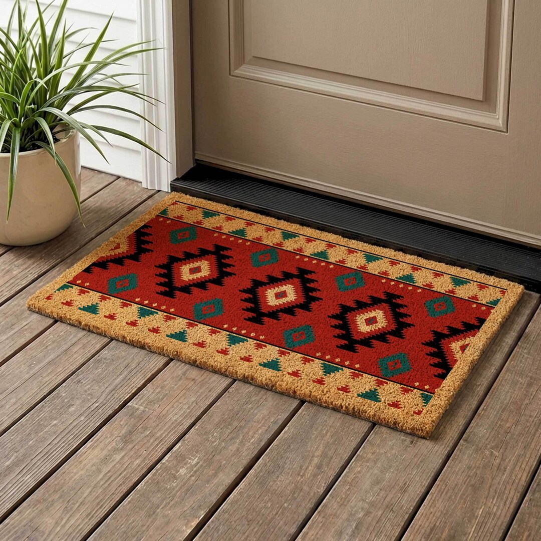 Aztec Tribal Coir Doormat, Colorful Geometric Rug - Etsy