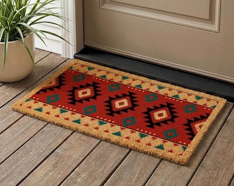 Aztec Tribal Coir Doormat, Colorful Geometric Rug