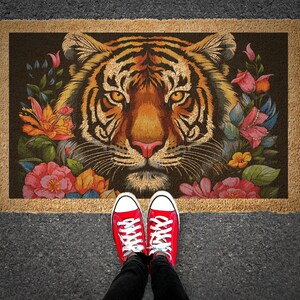 Floral Tiger Coir Doormat, Colorful Wildflower Design, Durable Mat zdjęcie 7