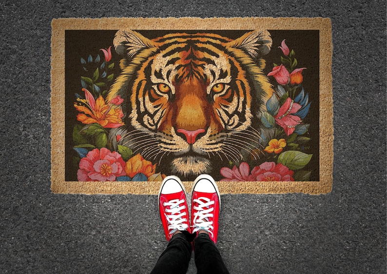 Floral Tiger Coir Doormat, Colorful Wildflower Design, Durable Mat zdjęcie 7