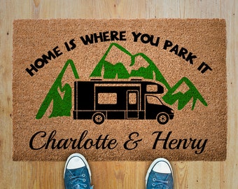 Personalized Camping Welcome Mat, Home is where you park it, Class A RV, Custom Camping Gift, Personalized Motorhome Mat, Custom RV Gifts