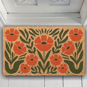 Retro Poppy Doormat, Boho Modern Gift for Home, Modern Botanical Floral Welcome Mat, Porch Decor Gift, Mid-Century Porch Decor, Scandinavian