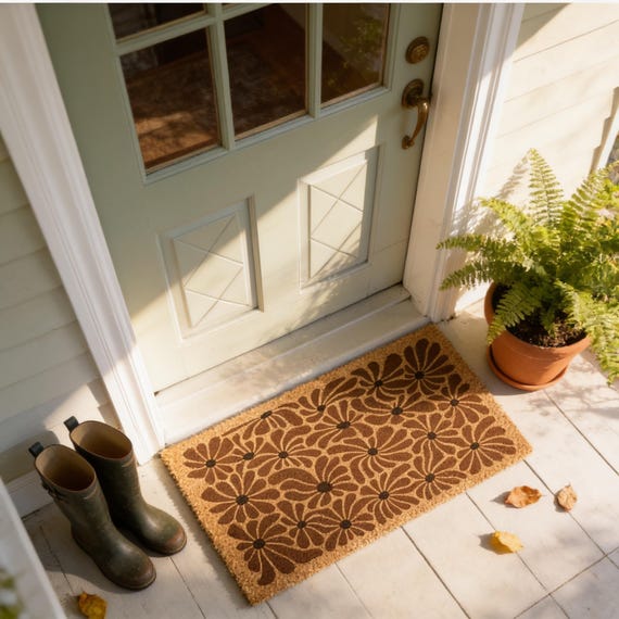 Retro Daisy Coir Doormat, 70s Floral Welcome Mat