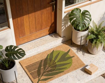 Mid Century Modern Coir Welcome Mat, Retro Palm Leaf Doormat