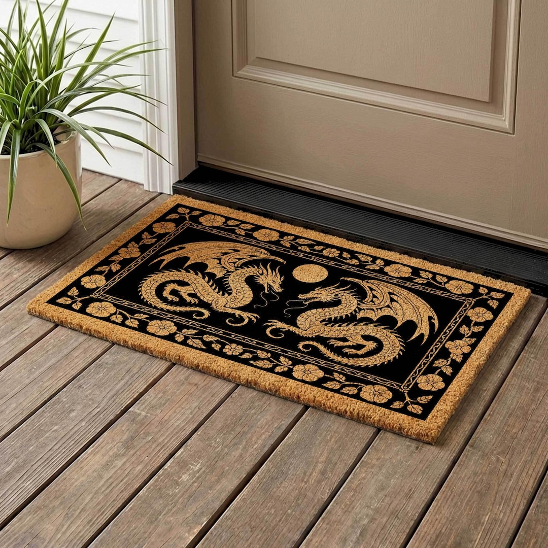 Twin Dragon Coir Doormat, Gothic Full Moon Welcome Mat, Fantasy Home Decor Rug - Medium - 18x30 inches