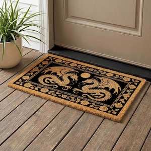 Twin Dragon Coir Doormat, Gothic Full Moon Welcome Mat, Fantasy Home Decor Rug