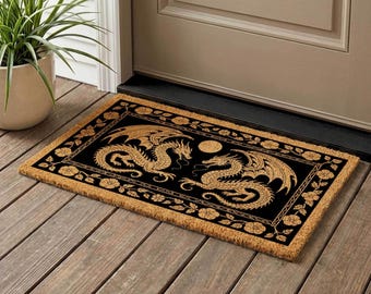 Twin Dragon Coir Doormat, Gothic Full Moon Welcome Mat, Fantasy Home Decor Rug