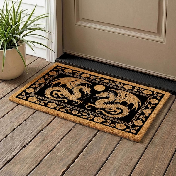Twin Dragon Coir Doormat, Gothic Full Moon Welcome Mat, Fantasy Home Decor Rug