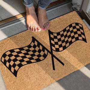 Paillasson en fibre de coco, drapeau à damier, tapis de bienvenue de course