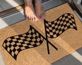 Checkered Flag Coir Doormat, Racing Welcome Mat