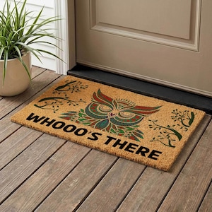 Boho Owl Doormat, Colorful Bird Design, Natural Coir Entryway Rug