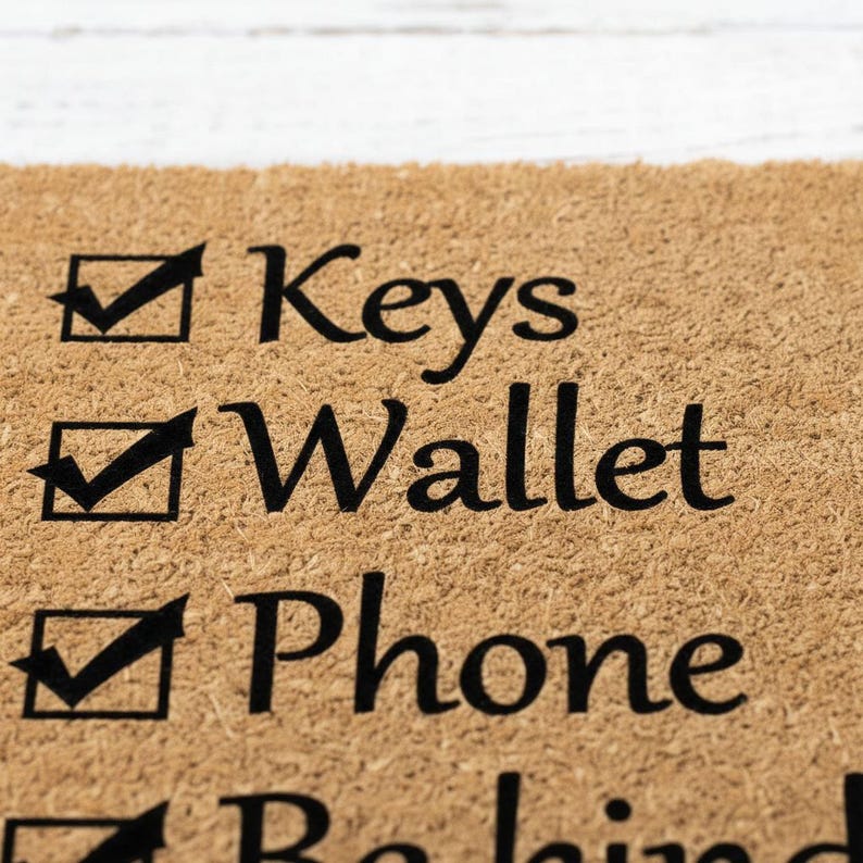 A close-up of a textured surface with a list of items written on it, including 'Keys', 'Wallet', 'Phone', and 'Backpack'.