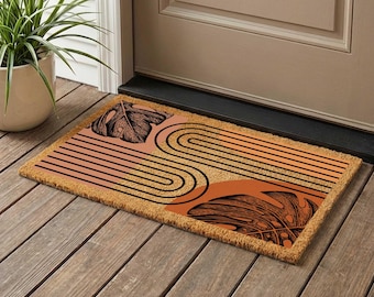 Mid-Century Modern Coir Doormat, Abstract Geometric Boho Decor Mat
