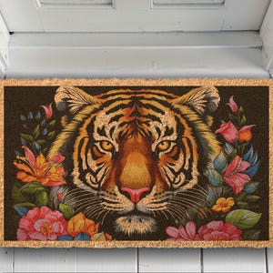 Floral Tiger Coir Doormat, Colorful Wildflower Design, Durable Mat zdjęcie 6