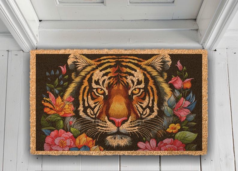 Floral Tiger Coir Doormat, Colorful Wildflower Design, Durable Mat zdjęcie 6