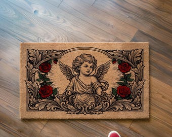 Guardian Angel Rose Doormat, Cherub Baroque Entry Mat, Romantic Home Decor