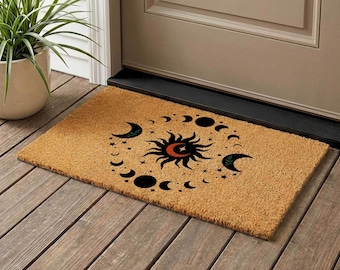 Sun and Moon Doormat: Celestial Boho Decor (Natural Coir Rug)