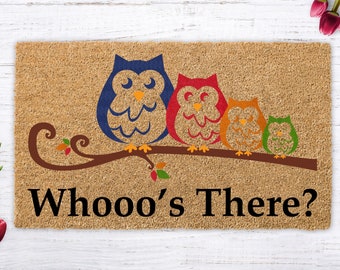 Owl house decor welcome mat, Owl doormat, Whooo's There, cute Owl decor rug, housewarming gift, Wedding Gift, newlywed gift, Owl Front Door