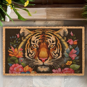 Tiger Doormat, Tiger Rug, Housewarming Tiger Rug Gift, Colorful Rug Tiger, Wildflower Tiger Decor, Botanical Tiger Rug, Wedding Tiger Mat