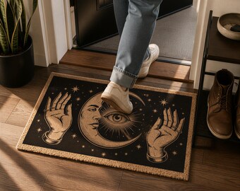 Celestial Third Eye Doormat, Mystic Moon Phase Coir Mat (16x24, 18x30, 24x36)