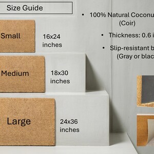 The image is a size guide that provides information about different sizes of cork door mats, including small, medium, and large sizes.