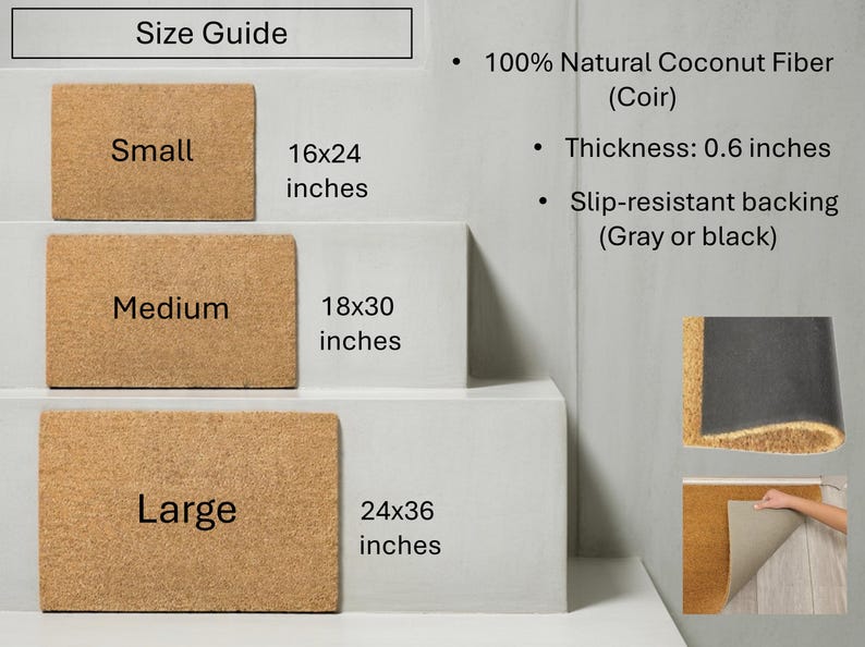 The image is a size guide that provides information about different sizes of cork door mats, including small, medium, and large sizes.