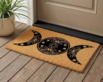 Triple Moon Doormat, Celestial Boho Wiccan Decor, Natural Coir Welcome Mat