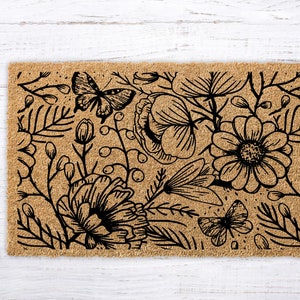 Garden Floral Welcome Mat, Floral Front Door Decor, Butterfly Floral Doormat, Coir Doormat, Garden Entrance Decor, Rug Front Porch Decor