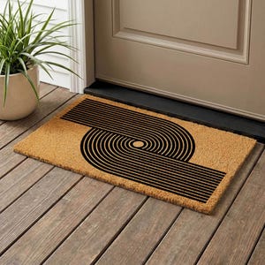 Mid-Century Modern Coir Doormat, Geometric Lines, Housewarming Gift