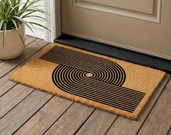 Mid-Century Modern Coir Doormat, Geometric Lines, Housewarming Gift