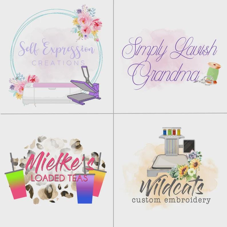 K&ouml;nnte beinhalten: Vier Logos auf wei&szlig;em Hintergrund. Die Logos enthalten Text und Illustrationen. Die Logos sind f&uuml;r "Self Expression Creations", "Simply Lavish Grandma", "Mielke's Loaded Teas" und "Wildcats custom embroidery".