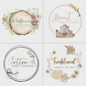 K&ouml;nnte beinhalten: Vier Logos mit rustikalem, l&auml;ndlichem Thema. Die Logos zeigen florale Elemente, Holzstrukturen und handgeschriebene Schriftarten. Die Logos enthalten den Text "Wildflower Country", "Harvest Treasures", "Cotton and Thread" und "Tumbleweed Tumblers and More".
