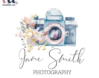 Watercolor Camera Photography Logo, Floral Branding for Small Business Photographers, Wedding, Lifestyle, Newborn, Family Photography